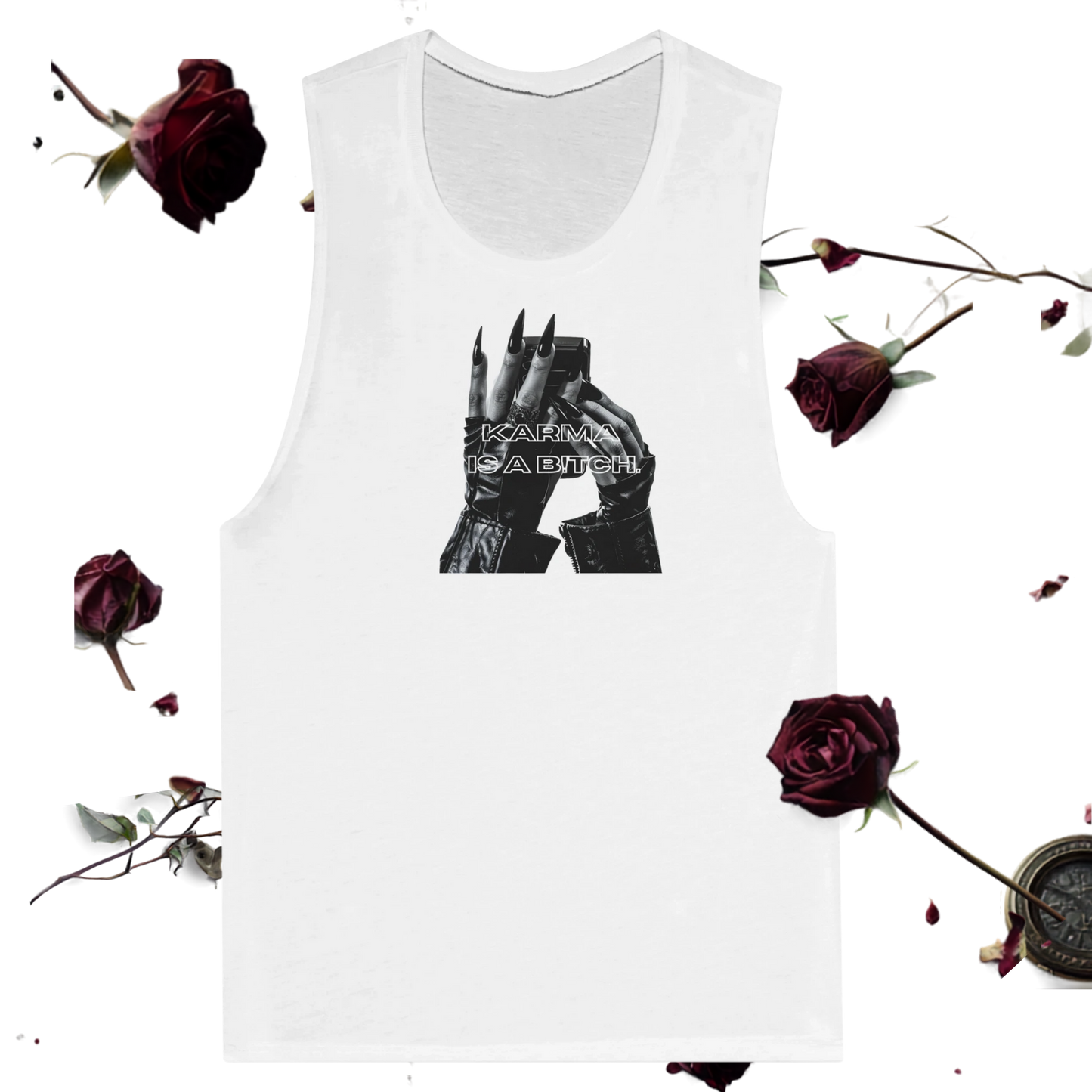 Maro Wilde "Karma Is A B!tch" Muscle Tank Top - White