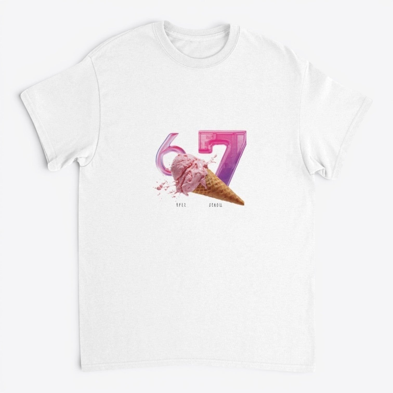 Maro Wilde white cotton t-shirt with "6-7" graphic and melting ice cream cone.