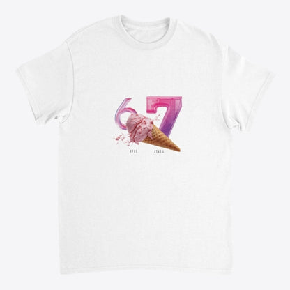 Maro Wilde white cotton t-shirt with "6-7" graphic and pink ice cream cone.
