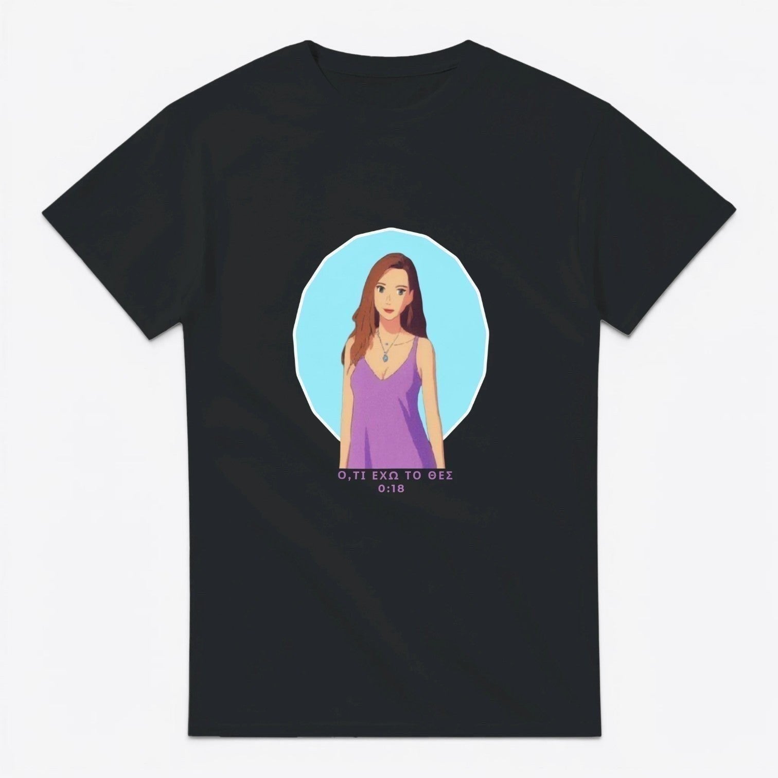Maro Wilde black 100% cotton t-shirt with anime design of a woman in a purple dress and timestamp 0:18.