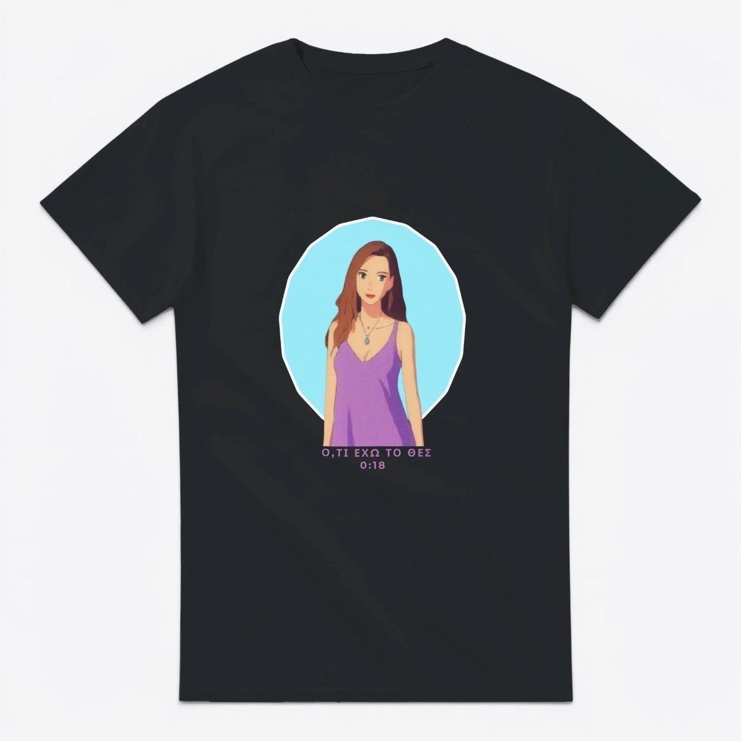 Maro Wilde black 100% cotton t-shirt with anime design of a woman in a purple dress and timestamp 0:18.