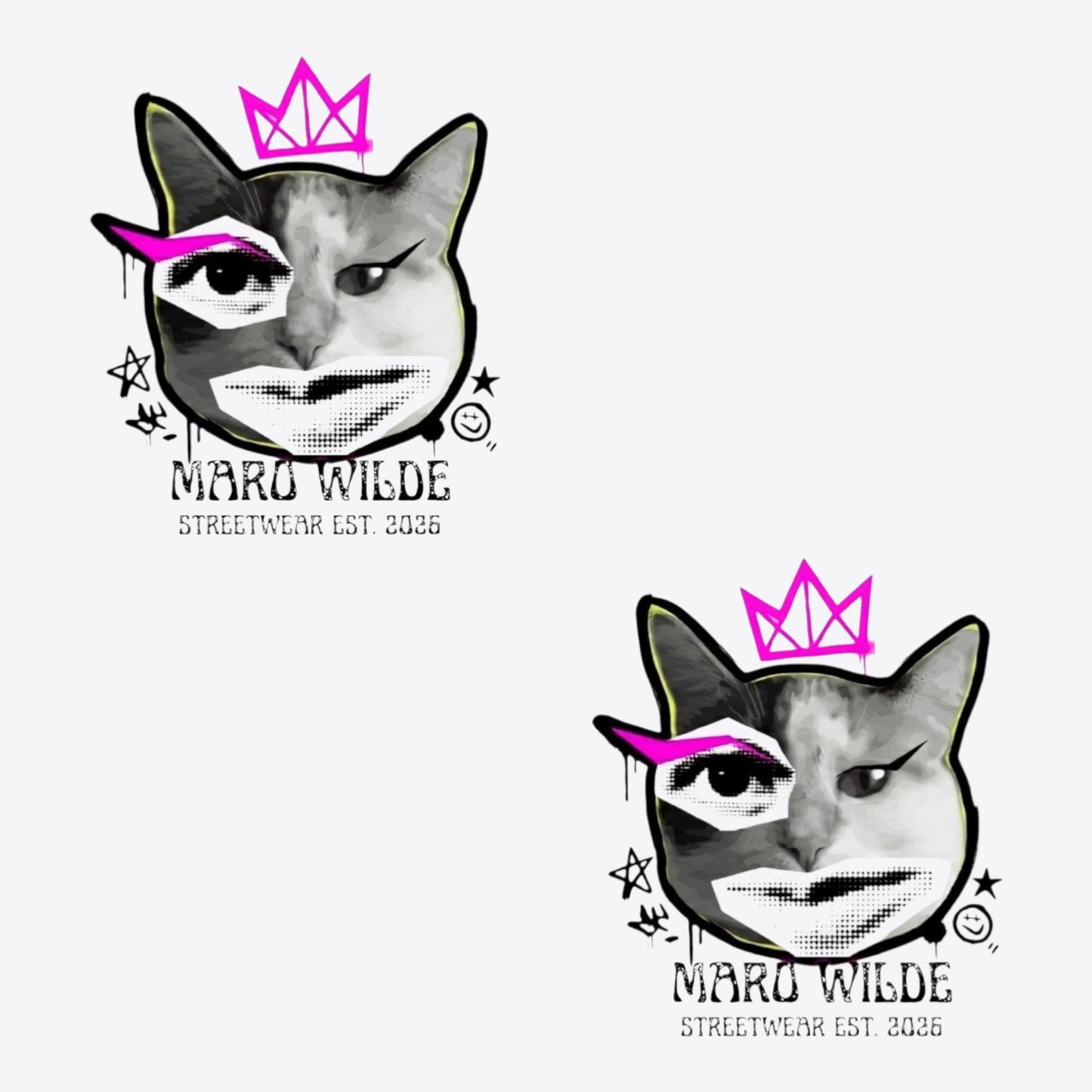 Maro Wilde BECOME BAD CAT T-Shirt in sand color, featuring a graphic of a cat with a pink crown and stylized eye.