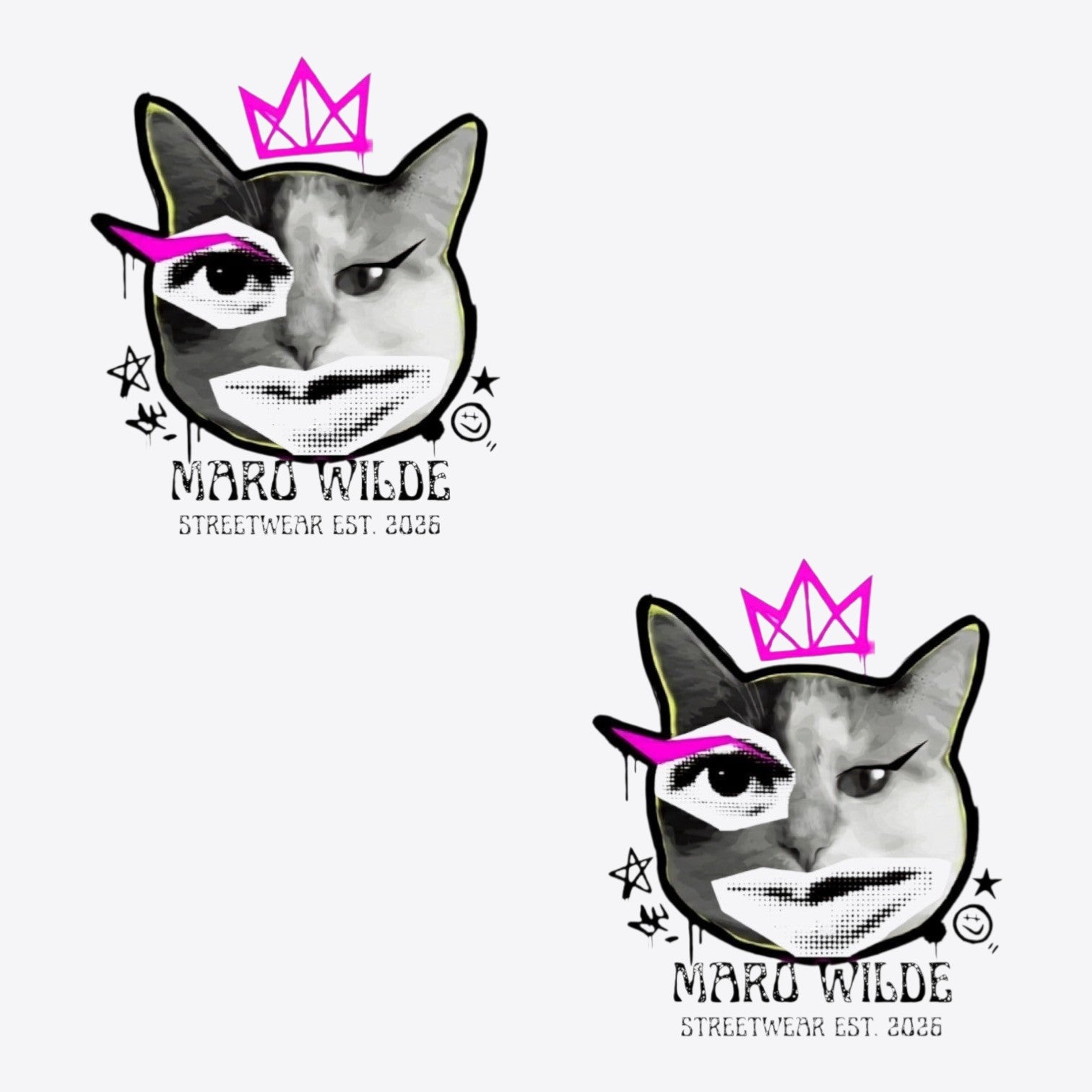 Maro Wilde BECOME BAD CAT T-Shirt in sand color, featuring a graphic of a cat with a pink crown and stylized eye.