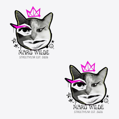 Maro Wilde BECOME BAD CAT T-Shirt in sand color, featuring a graphic of a cat with a pink crown and stylized eye.