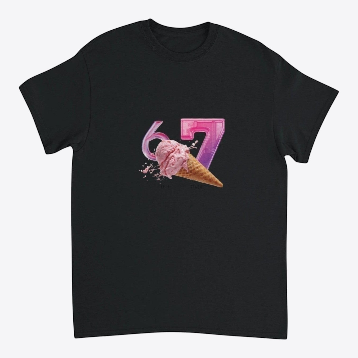 Maro Wilde black 100% cotton t-shirt with pink ice cream cone graphic and "6-7" text.