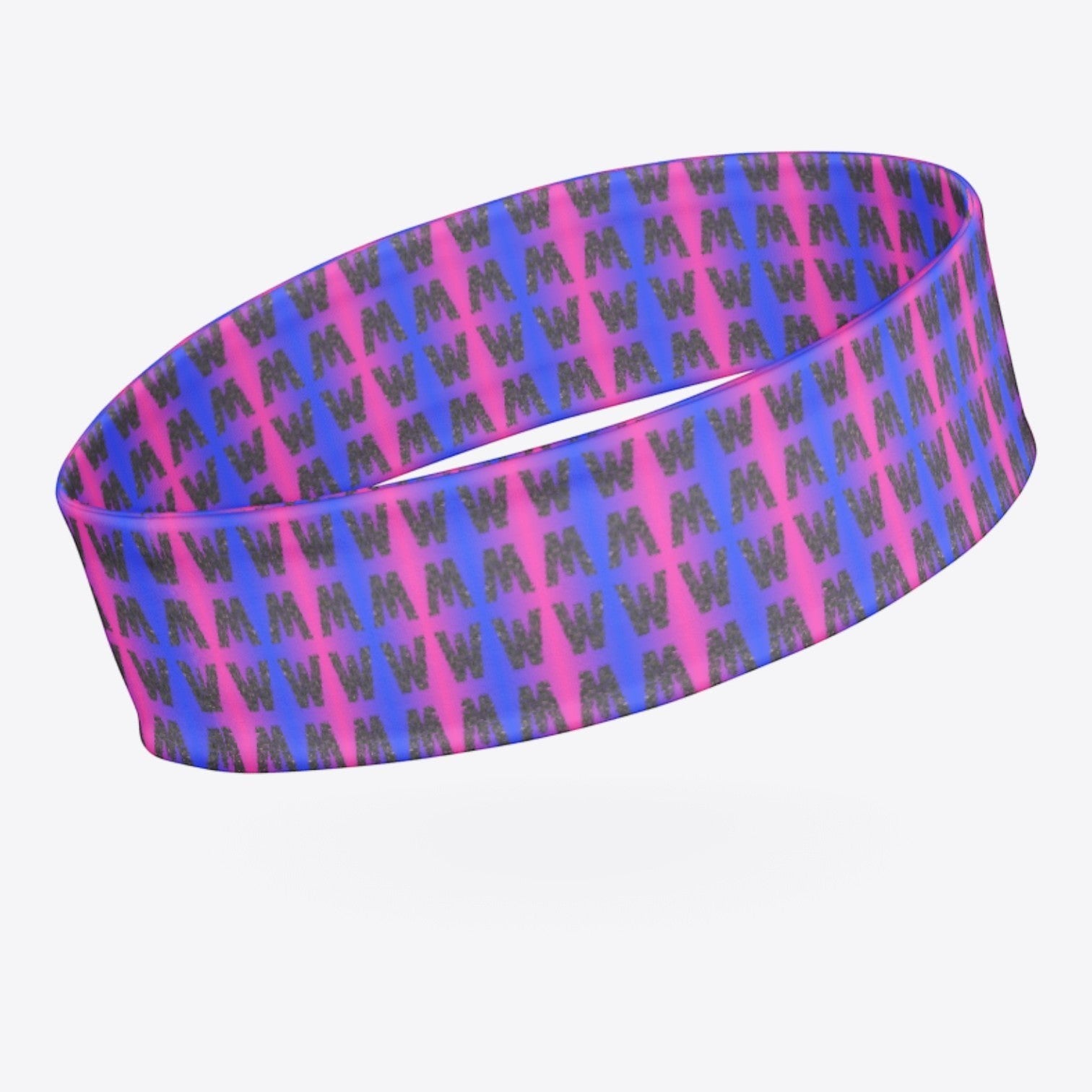 Maro Wilde elastic headband with electric blue and hot pink gradient pattern and repeating "W" logo.