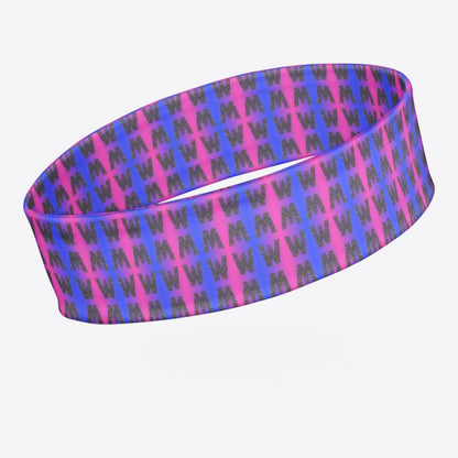 Maro Wilde elastic headband with electric blue and hot pink gradient pattern and repeating "W" logo.