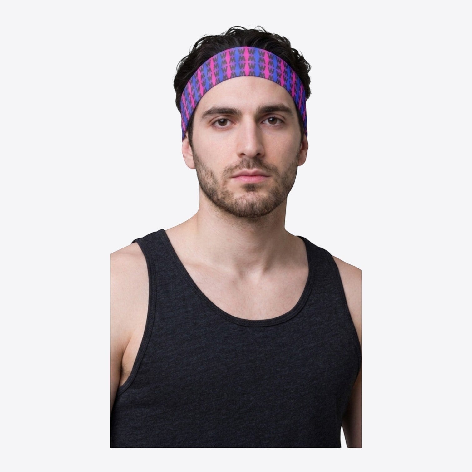 Maro Wilde elastic headband with an electric blue and hot pink geometric pattern featuring the Maro Wilde logo.