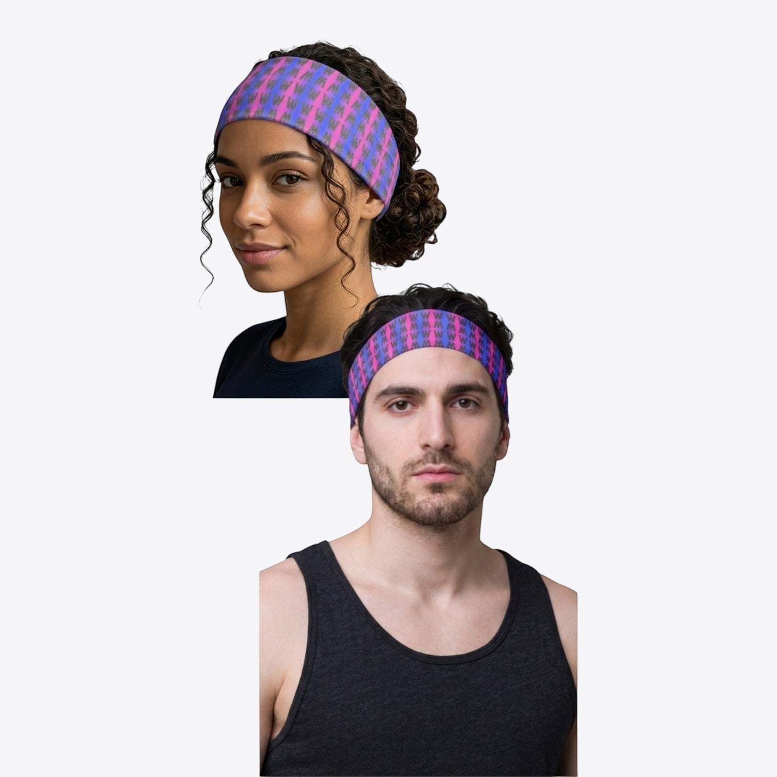 Maro Wilde elastic headband with electric blue and hot pink pattern, made of polyester and elastane.
