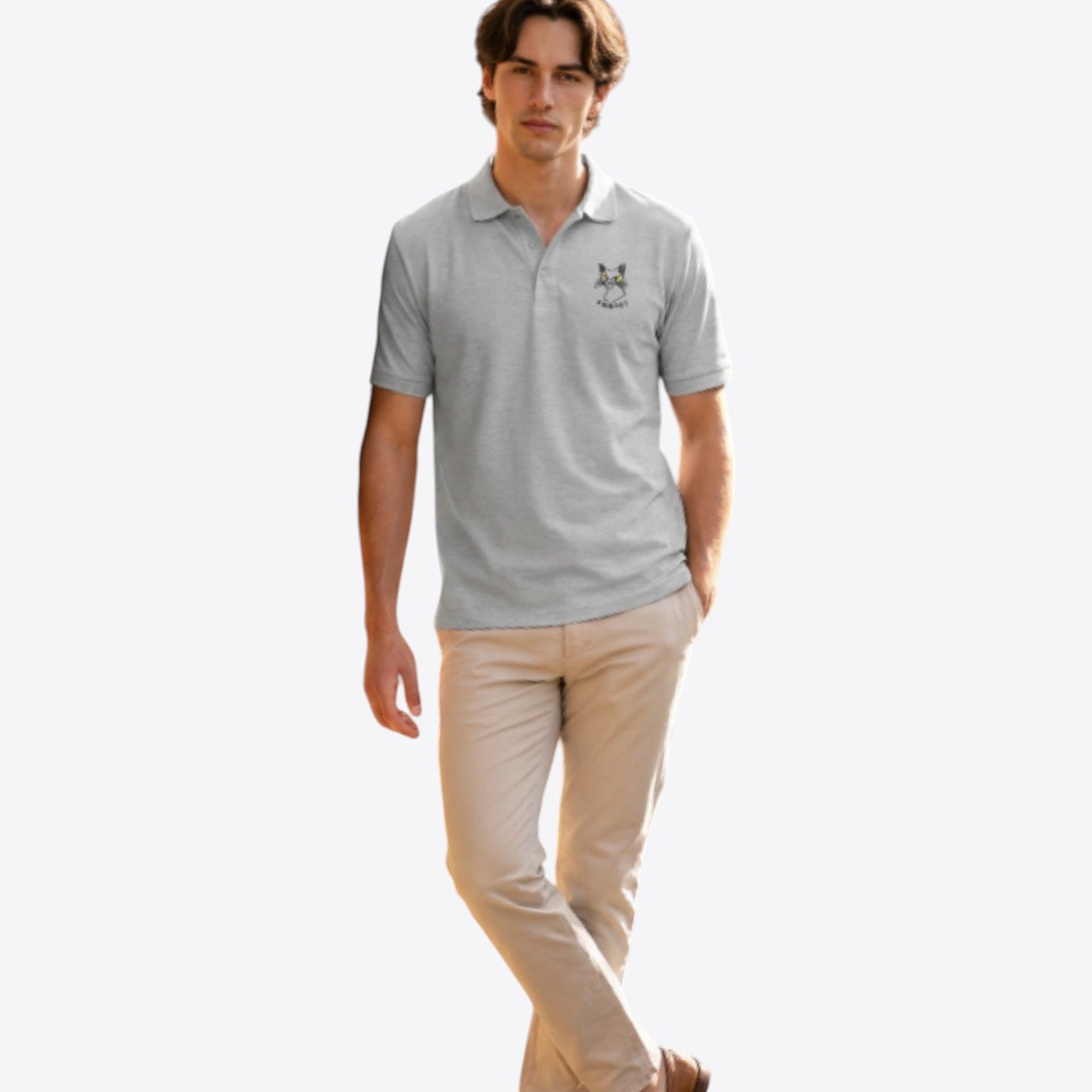 Maro Wilde grey 100% organic cotton unisex polo shirt with embroidered cat graphic and "Pumaki" text.