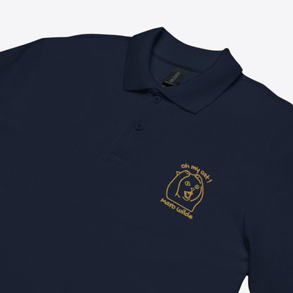 Maro Wilde navy blue 100% organic cotton unisex polo shirt with embroidered cat graphic and text "oh my cat!"