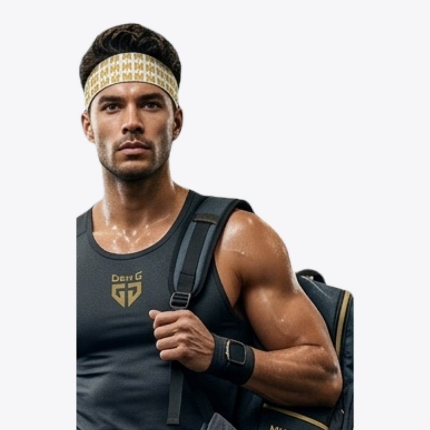 Maro Wilde white and gold patterned athletic headband made of polyester and elastane.