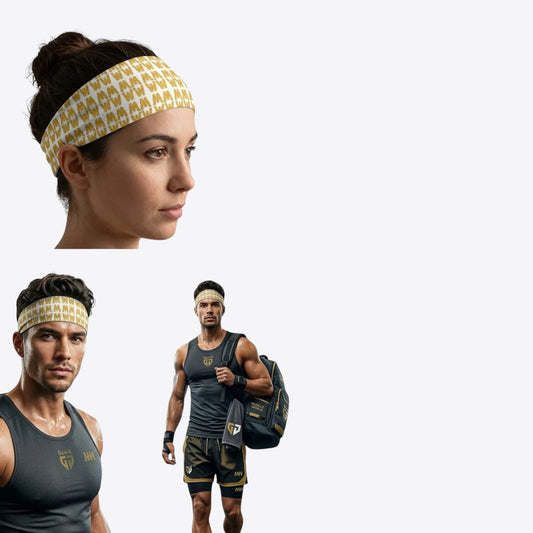Maro Wilde white and gold patterned athletic headband made of polyester and elastane.