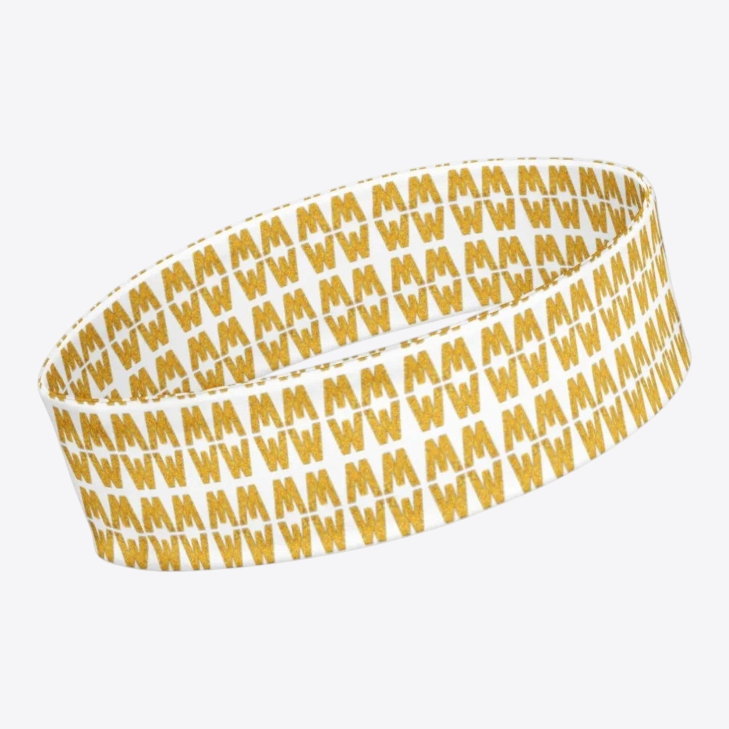 Maro Wilde white elastic headband with repeating gold MW pattern. Made of 82% polyester, 18% elastane.