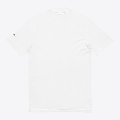 Maro Wilde white 100% organic cotton unisex polo shirt with embroidered signature on sleeve.