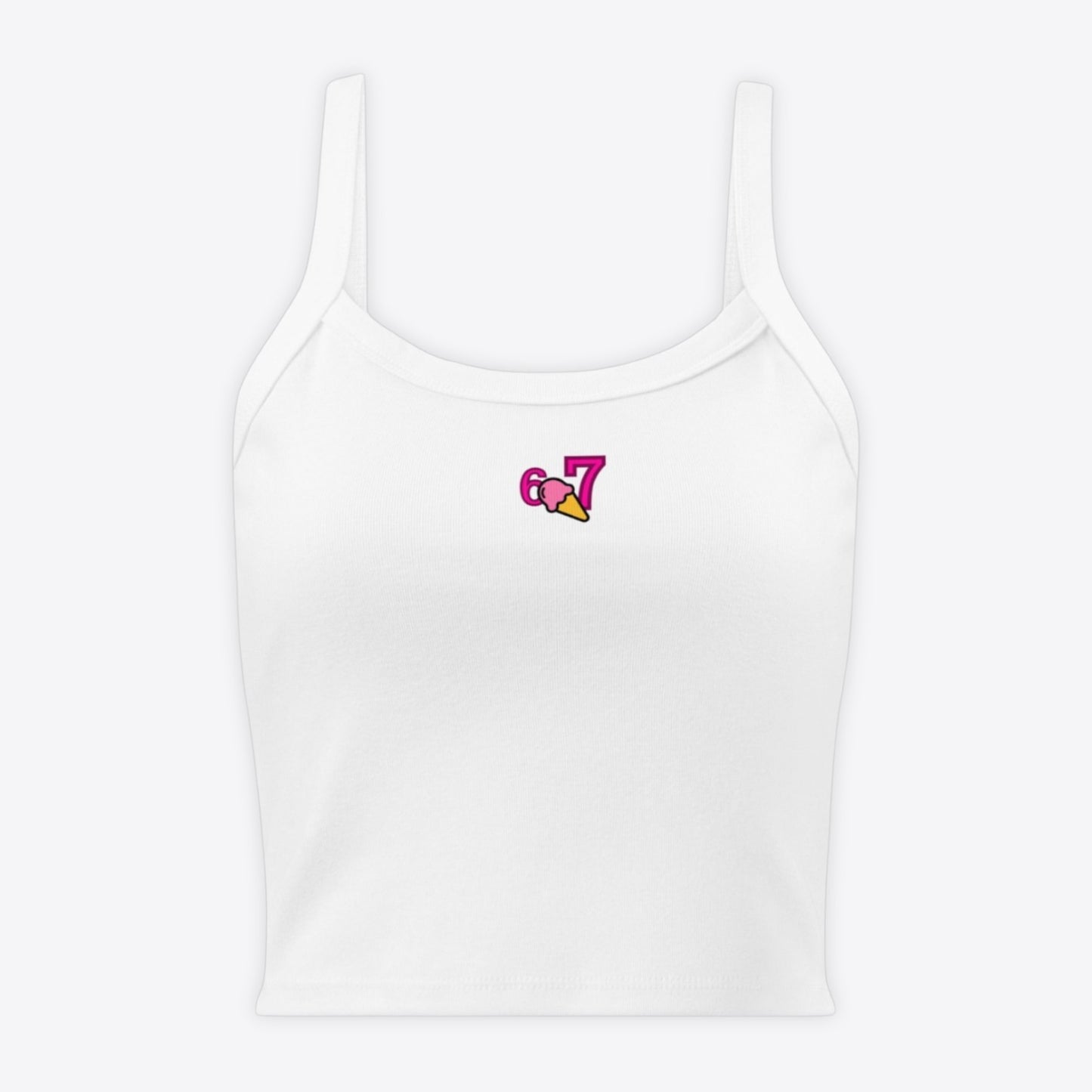 Maro Wilde white ribbed micro-texture fitted crop top with embroidered 6 and ice cream cone graphic.