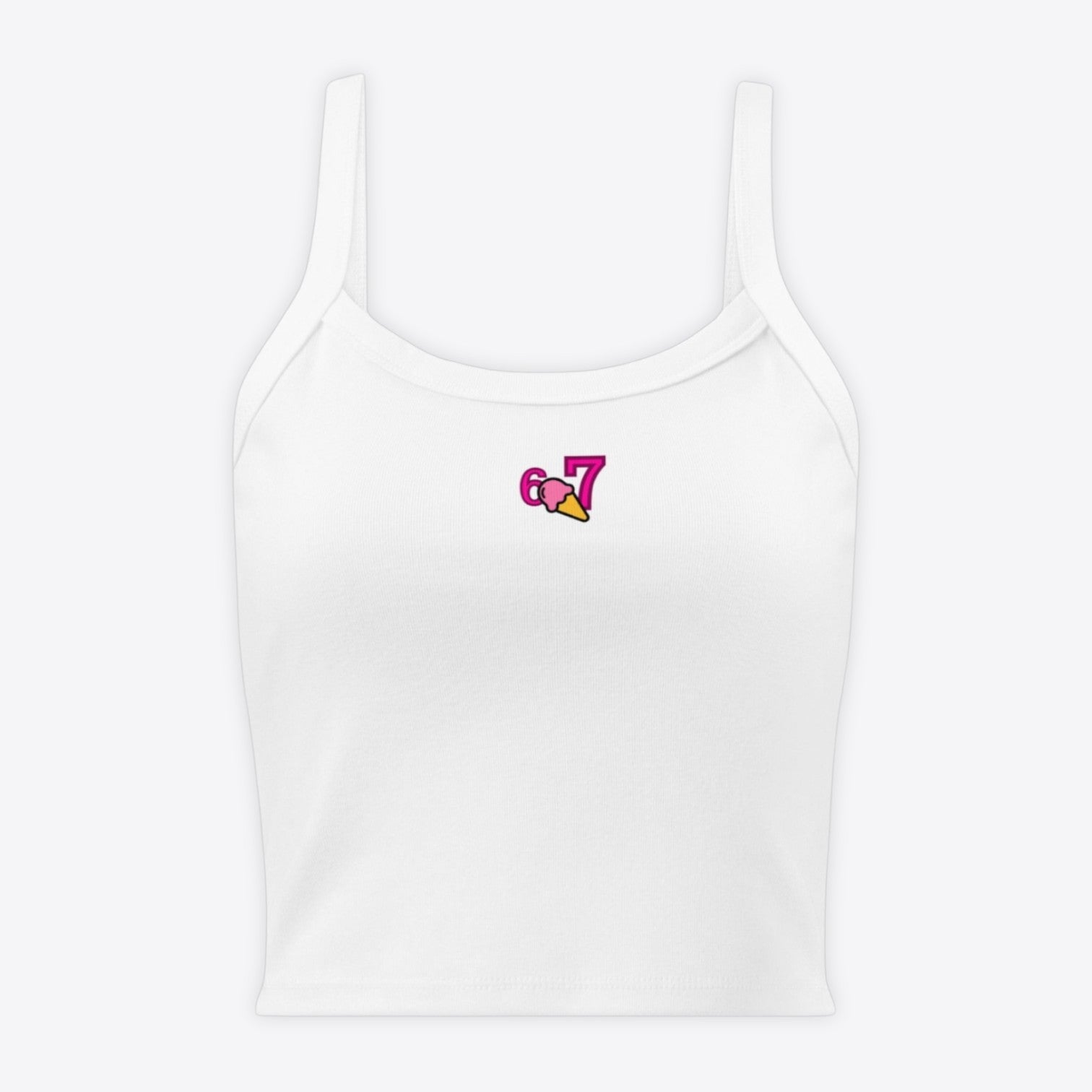 Maro Wilde white ribbed micro-texture fitted crop top with embroidered 6 and ice cream cone graphic.