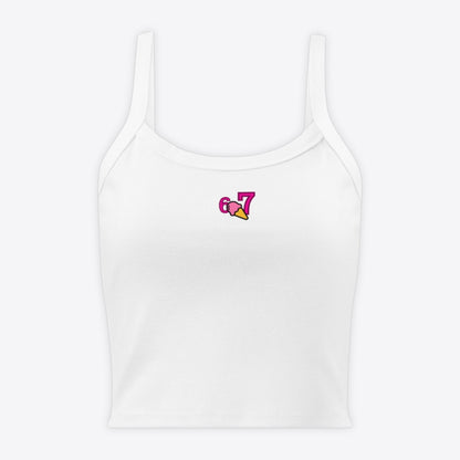 Maro Wilde white ribbed micro-texture fitted crop top with embroidered 6 and ice cream cone graphic.