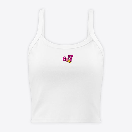 Maro Wilde white ribbed micro-texture fitted crop top with embroidered 6 and ice cream cone graphic.
