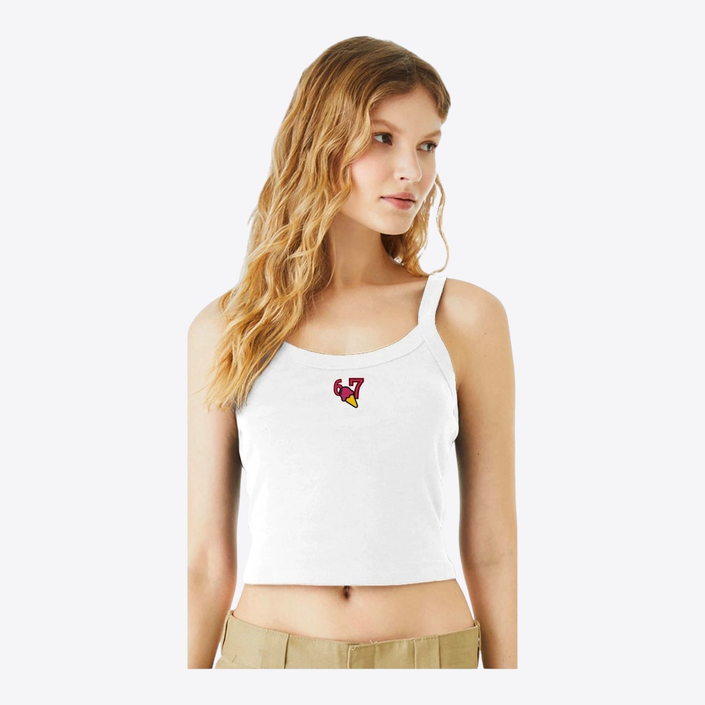 Maro Wilde white ribbed micro-texture fitted crop top with embroidered '6-7' ice cream cone graphic.