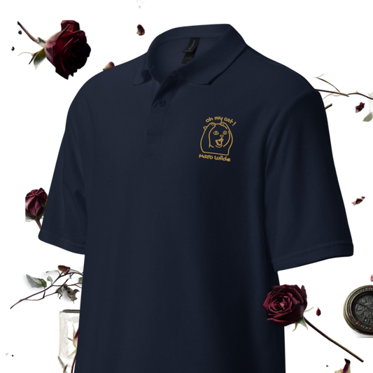 A navy blue polo shirt with a gold embroidered logo on the left chest, displayed against a white background with decorative dark red roses and a compass.